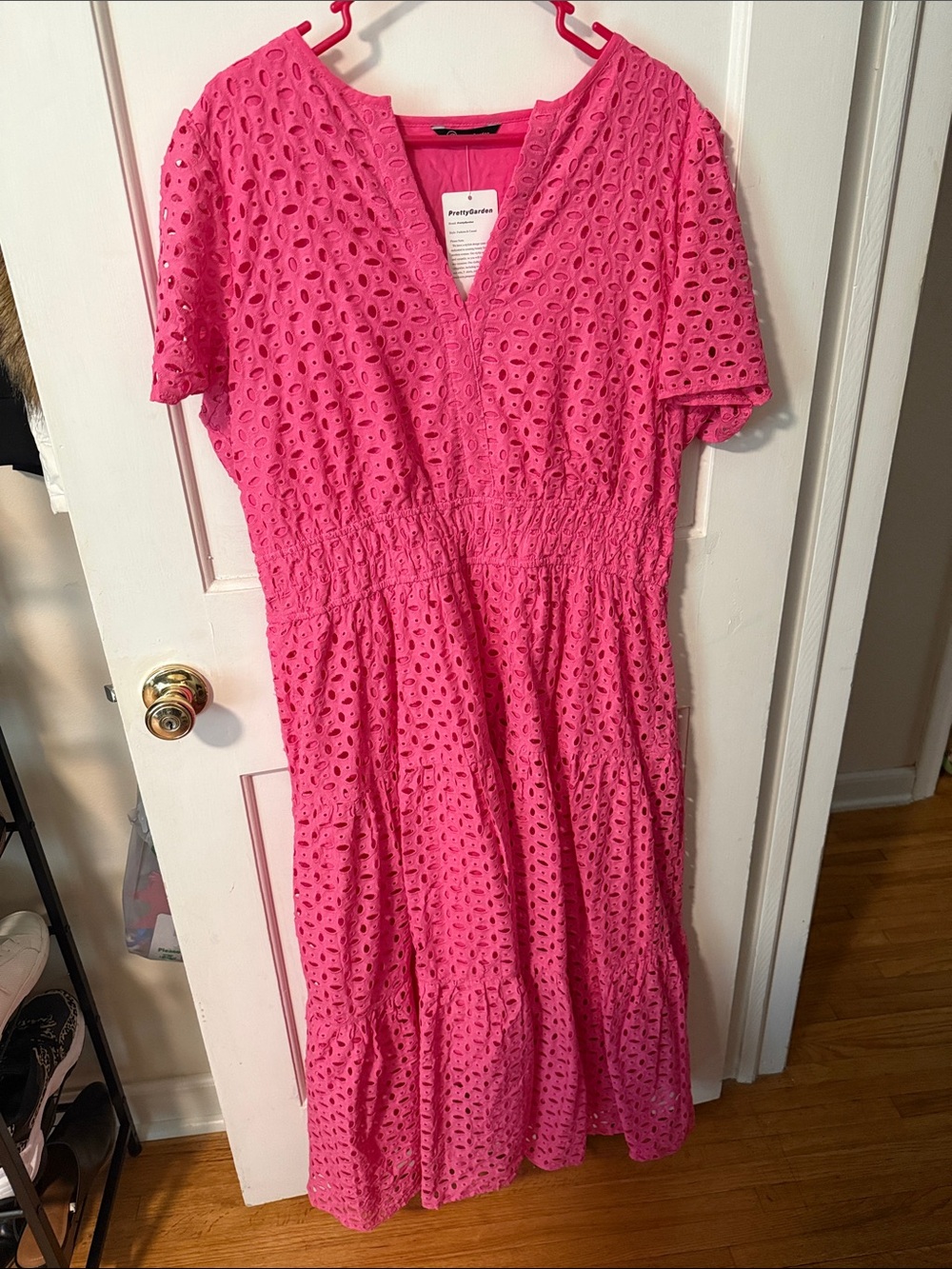 Hot Pink Eyelet V-Neck Midi Dress with Smocked Waist